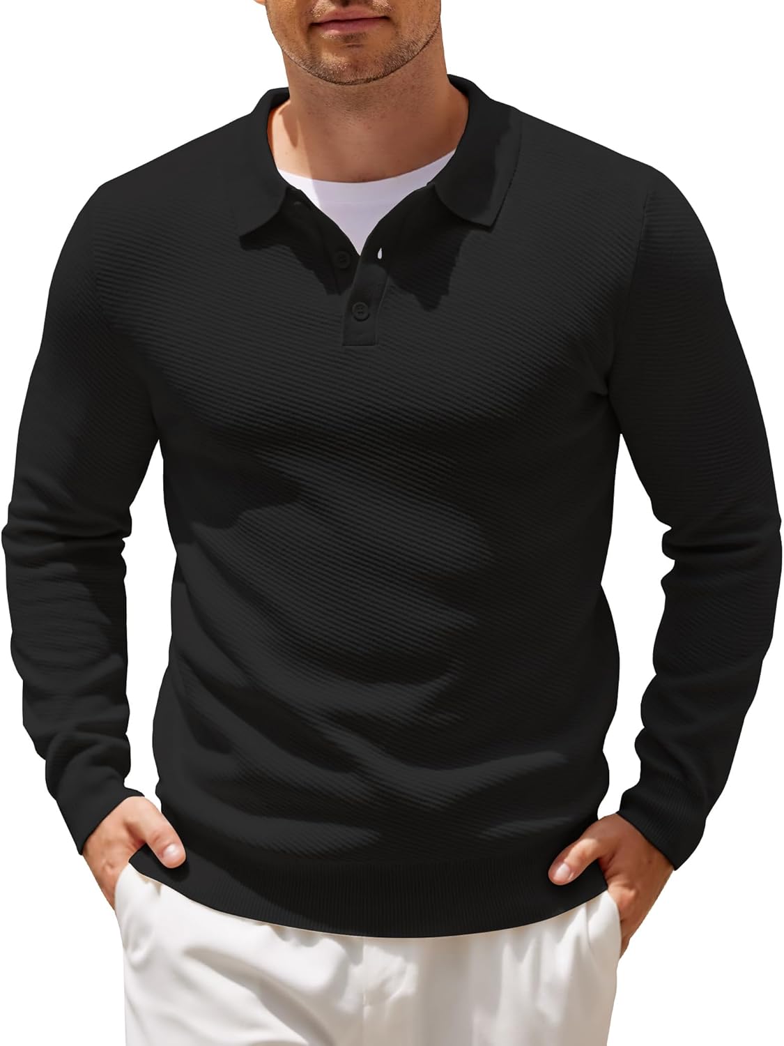 COOFANDY Men's Knit Polo Shirts Casual Long Sleeve Collared Pullover Sweaters Quarter Button Ribbed Vintage Polo Sweater-1