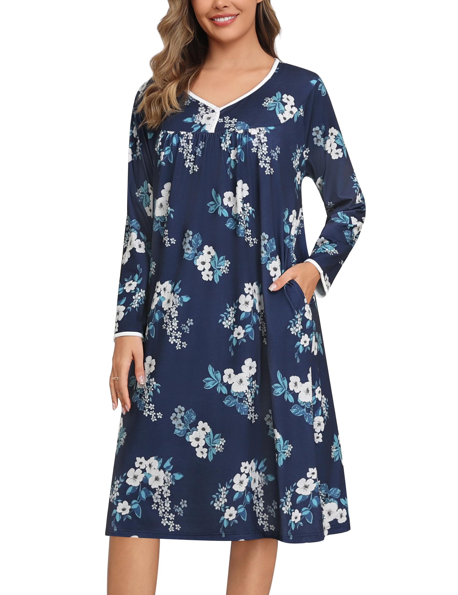 YOZLY Nightgowns for Women Soft Cotton Long Sleeve Night Gwon with Pockets-62