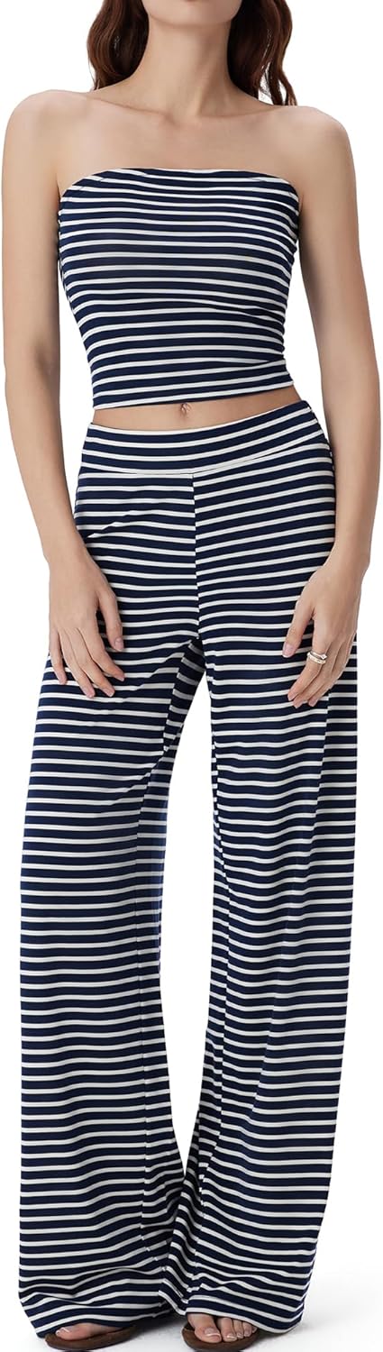 SUUKSESS Women 2 Piece Lounge Set Tube Top Wide Leg Pants Matching Sets Beach Vacation Outfits-9