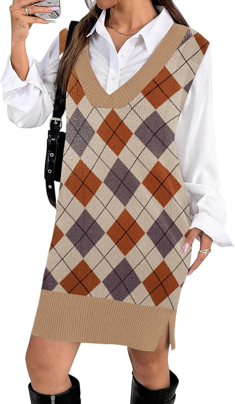 Zeagoo Women's V Neck Sweater Vest Dress Oversized Sleeveless Casual Pullover Sweater Fall Winter Knit Slit Short Dress-26