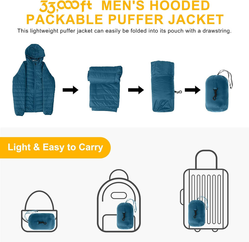 33,000ft Men's Packable Hooded Puffer Jacket Lightweight Warm Winter Coat