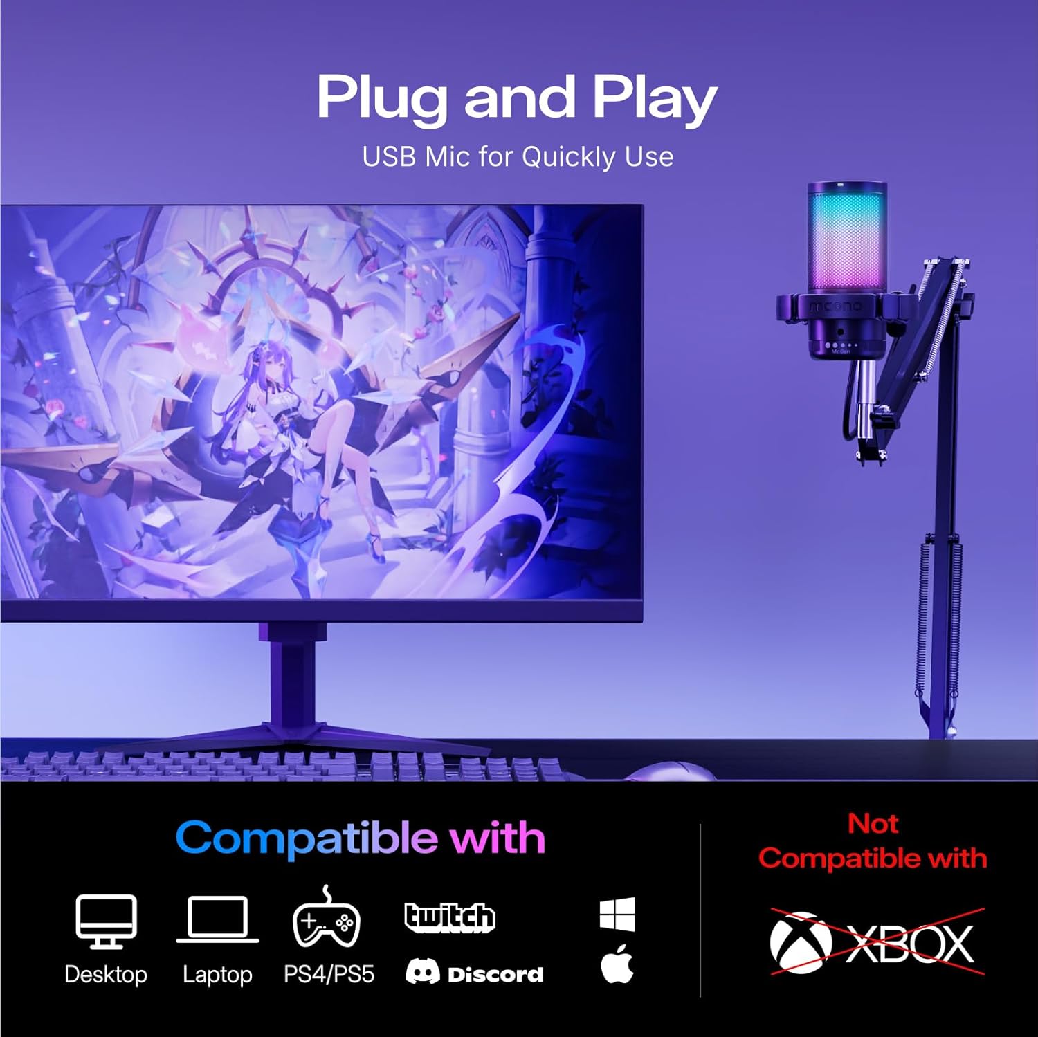 MAONO Gaming USB Microphone, Noise Cancellation Condenser Mic with Mute, Gain, Monitoring, Boom Arm Mic for Streaming, Podcast, Twitch, YouTube, Discord, PC, Computer, PS4, PS5, Mac, GamerWave DGM20S