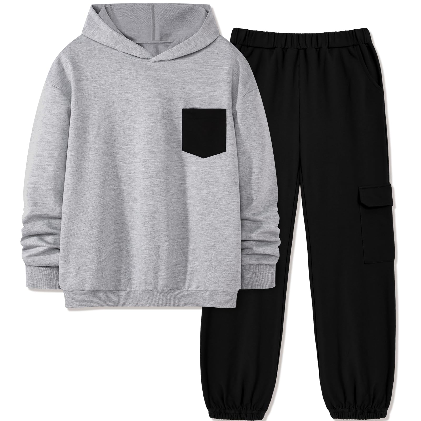 Hipea Boys Clothes Long Sleeve Hooded with Chest Pocket Cargo Pants with Side Pockets 2PCS Sets
