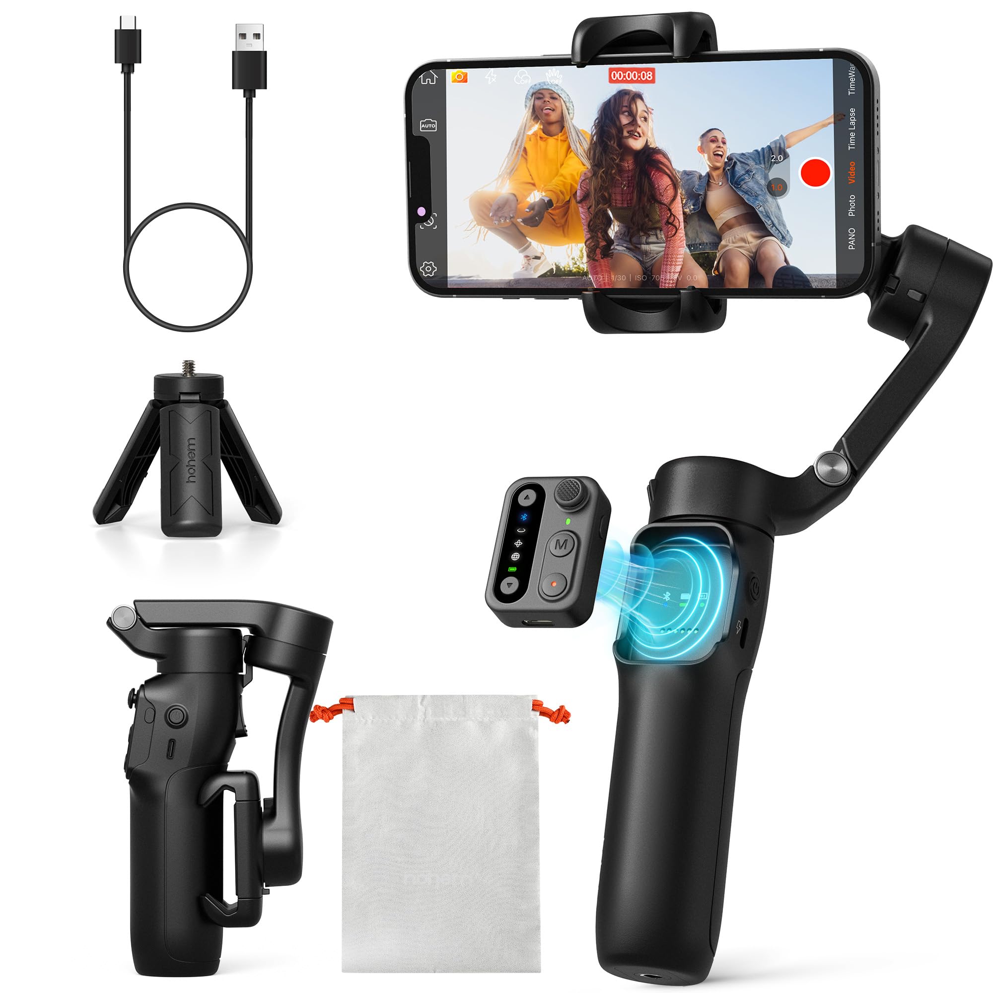 hohem iSteady X3 SE Plus Gimbal Stabilizer for iPhone, 3-Axis Phone Gimbal with Detachable Remote Control, Extendable Rod, 11-Hour Battery, Portable Foldable Stabilizer for Video Recording