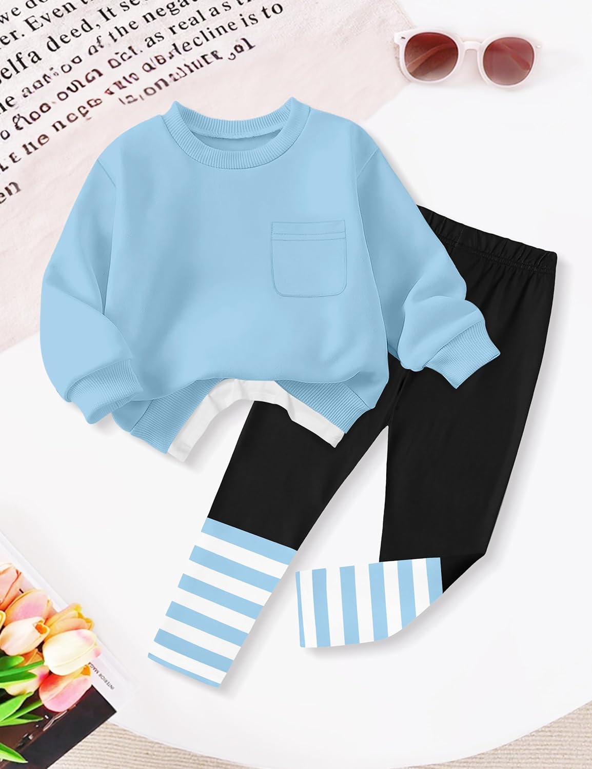 NAPU Little Girls Clothes 2Pcs Girls Outfits Pullover Sweatsuit Patchwork Striped Leggings Pants Set Fall Winter Clothes 2-8Y