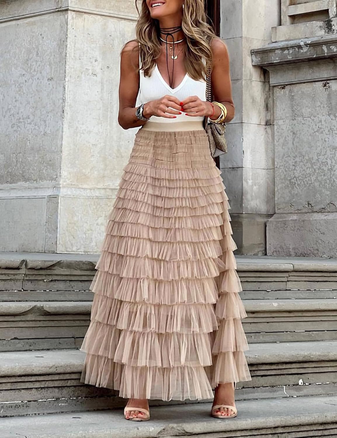 Flygo Women's Long Maxi Tulle Skirts A Line Ruffle High Waisted Tiered Layered Mesh Tutu Skirt Petticoat