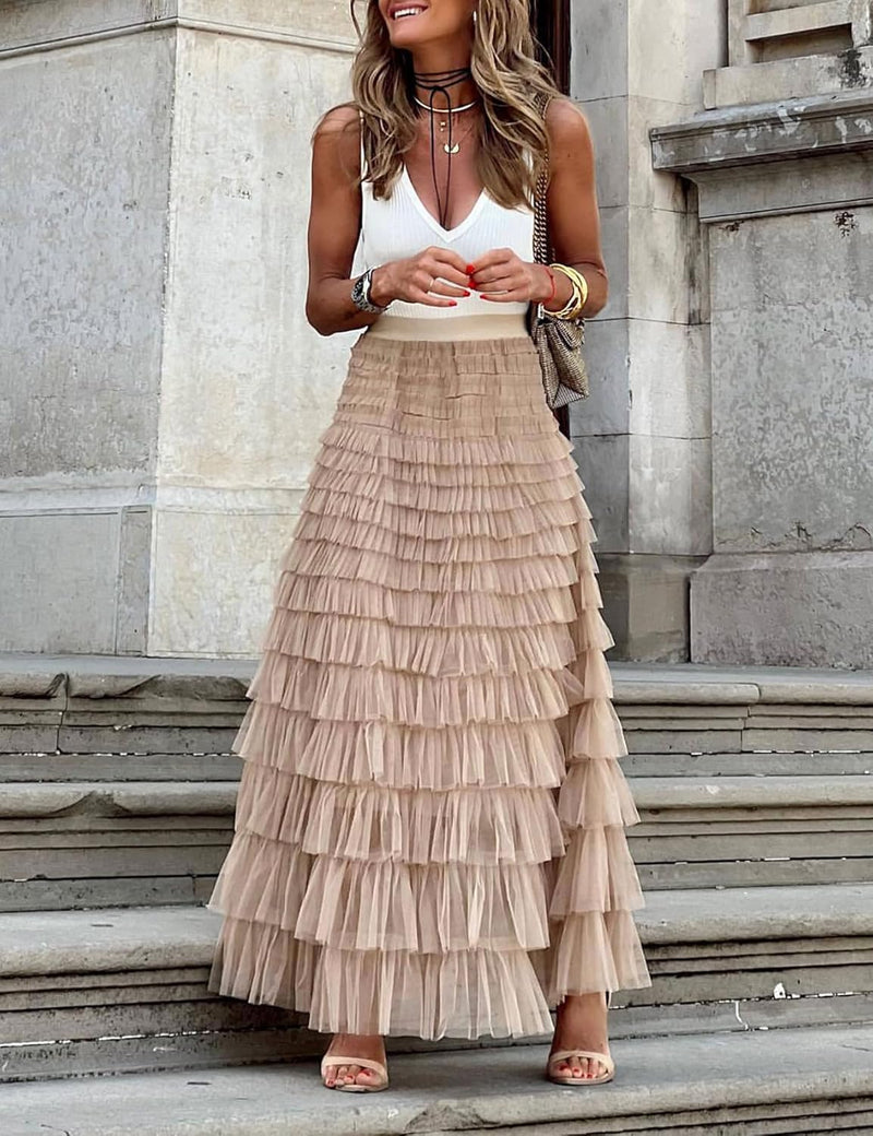 Flygo Women's Long Maxi Tulle Skirts A Line Ruffle High Waisted Tiered Layered Mesh Tutu Skirt Petticoat