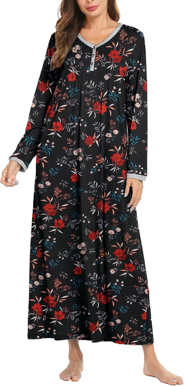 Ekouaer Women's Long Sleeve Nightgown Full Length Sleepwear Long Sleepshirts Henley Sleep Dress S-4XL-27