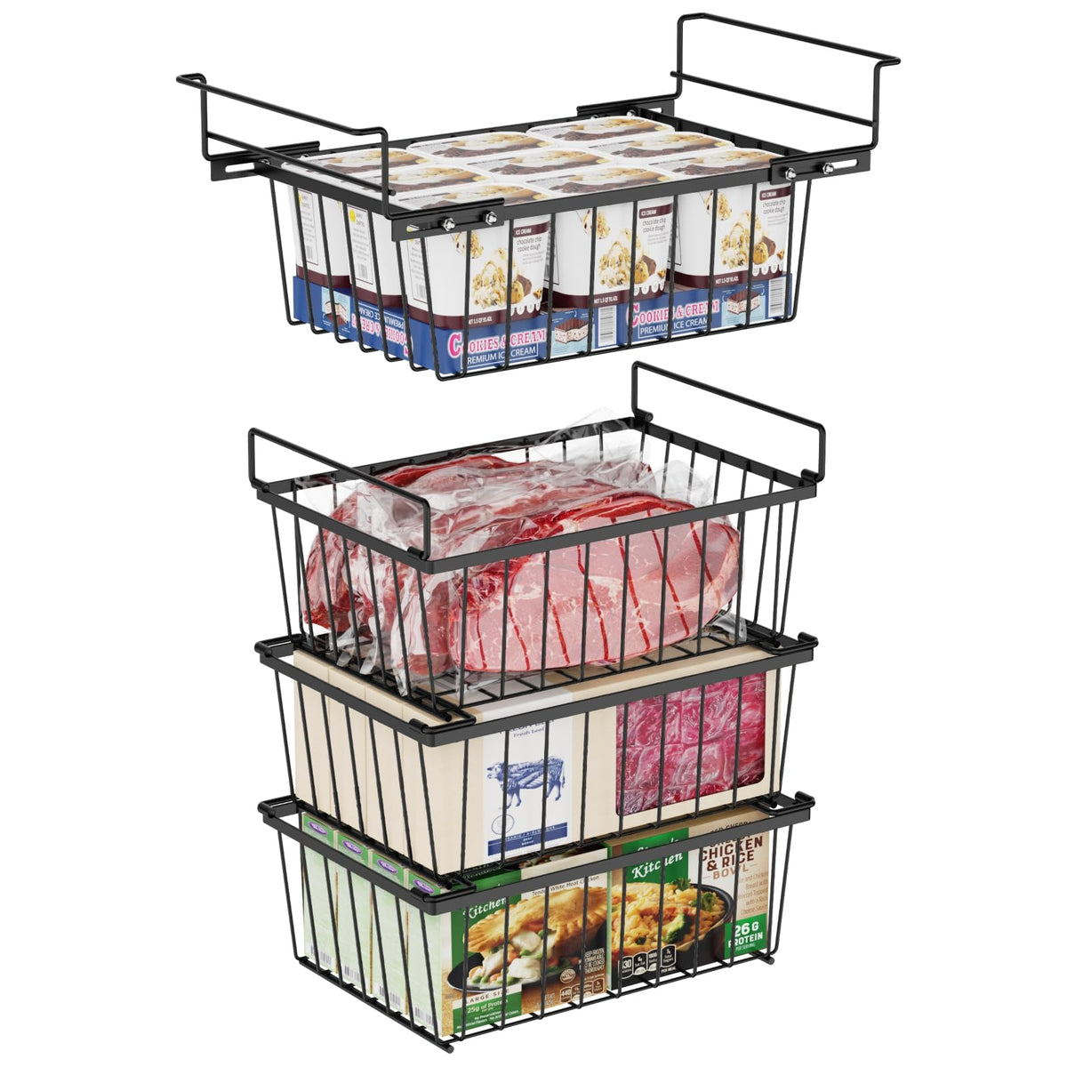 iSPECLE Freezer Organizer Bins - Storage Baskets for 5 Cu.Ft, 4 Pack | Easy Food Access, Stackable Wire Storage, Vertical Space for Frozen Food, Sorts Meat, Vegetables and Bagged Items, Home