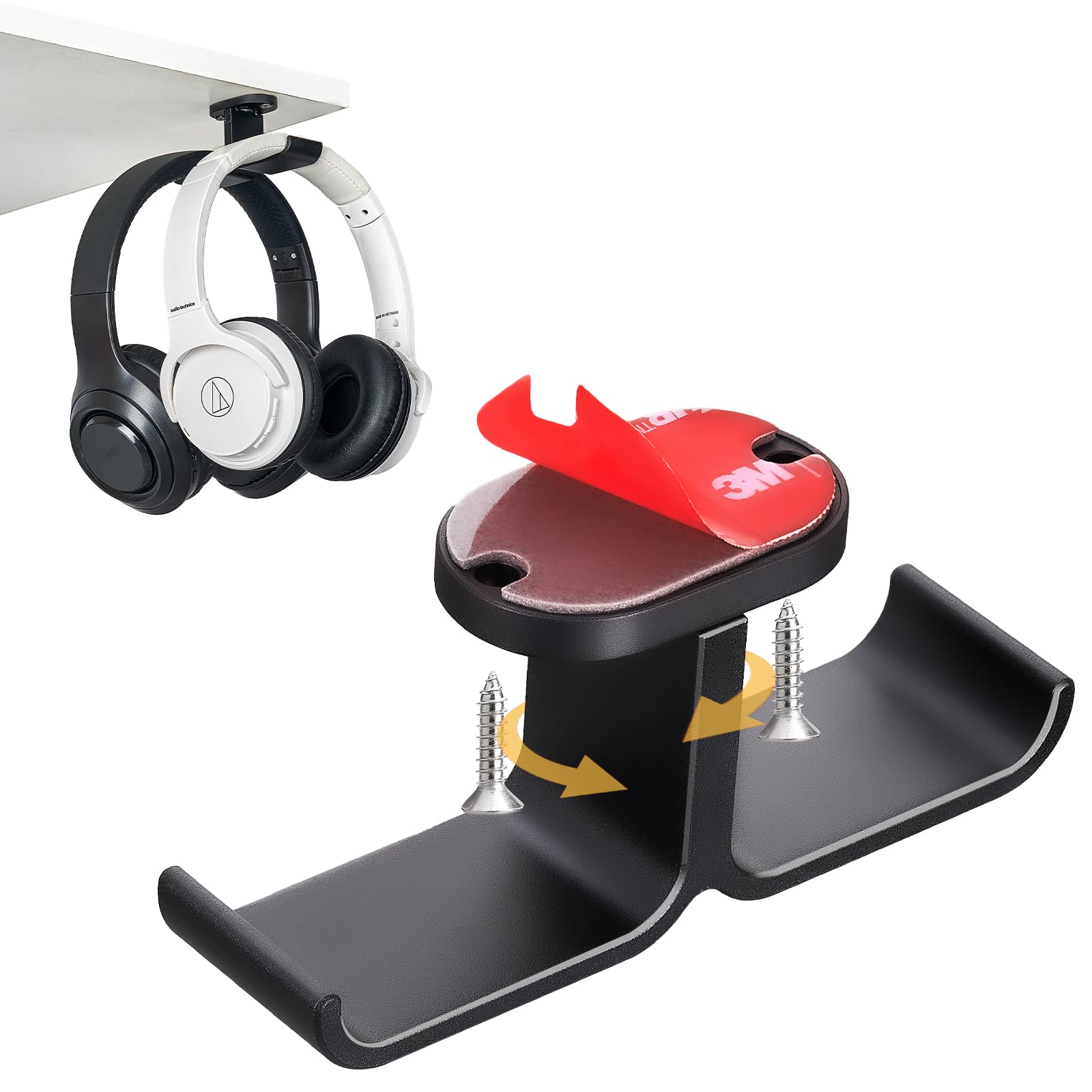 3 in 1 Under Desk Headphone Hanger with Adjustable Clamp Mount, 2 Controller Slots & 1 Headset Universal Holder Stand, Rotatable Hook Rack & Cable Organizer, for Home Gaming Xbox ps5 - Black