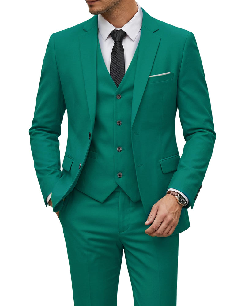 YND Men's 3 Piece Suit Set with Tie, 2 Button Slim Fit Solid Blazer Jacket Vest Pants, Business Wedding Party Suits for Men-84