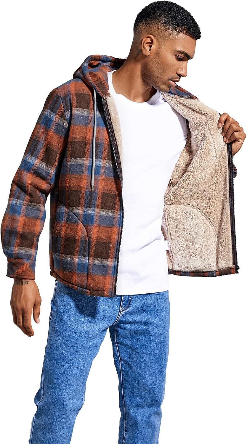 Elesuit Men's Full Zip Fleece Flannel Jacket Shirt Plaid Cotton Hoodie Coat