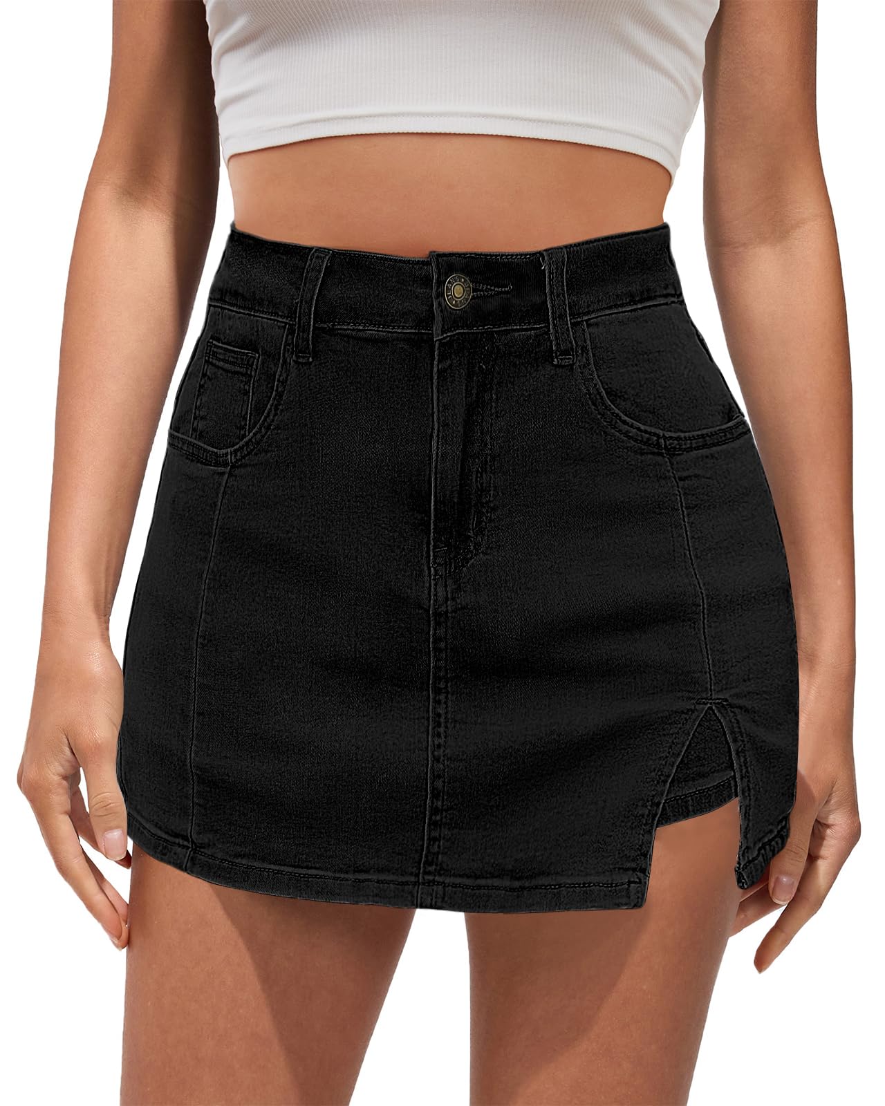 Vetinee Jean Skorts for Woman High Waisted Trendy Slit Stretchy Denim Skirt with Shorts Y2K Casual Summer Skorts Skirts