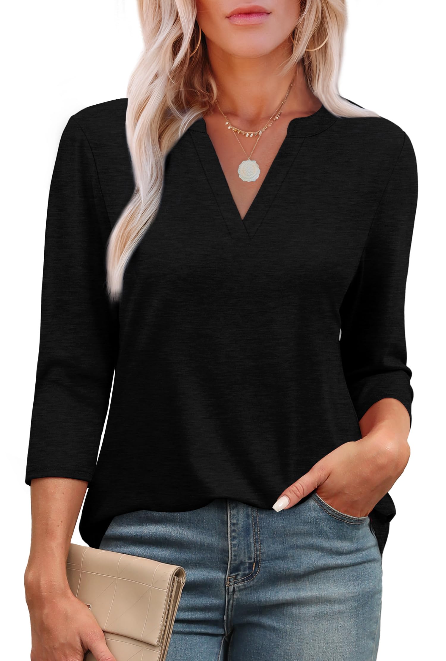 OFEEFAN 3/4 Length Sleeve Womens Tops V Neck Tunic Shirts Loose Curved Hem Blouses Dressy Casual S-3XL-48