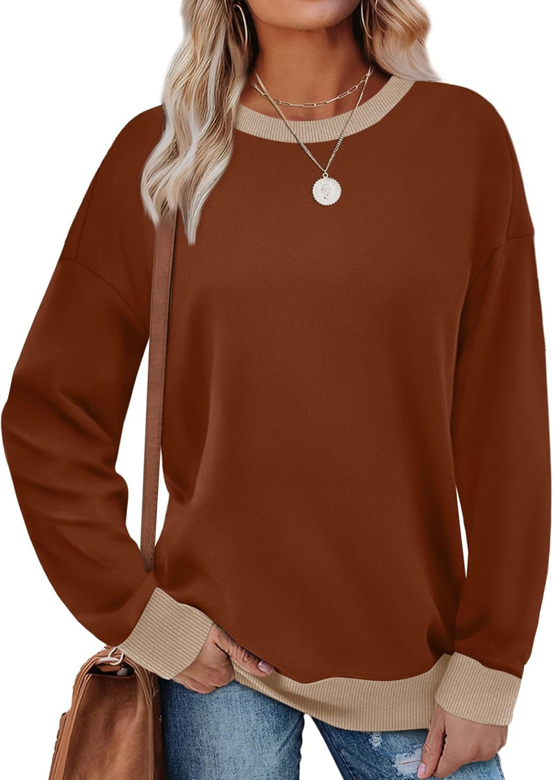 Saloogoe Sweatshirts for Women Crewneck Long Sleeve Loose Fit Tops Color Block Ribbed Trim Fashion 2025-39