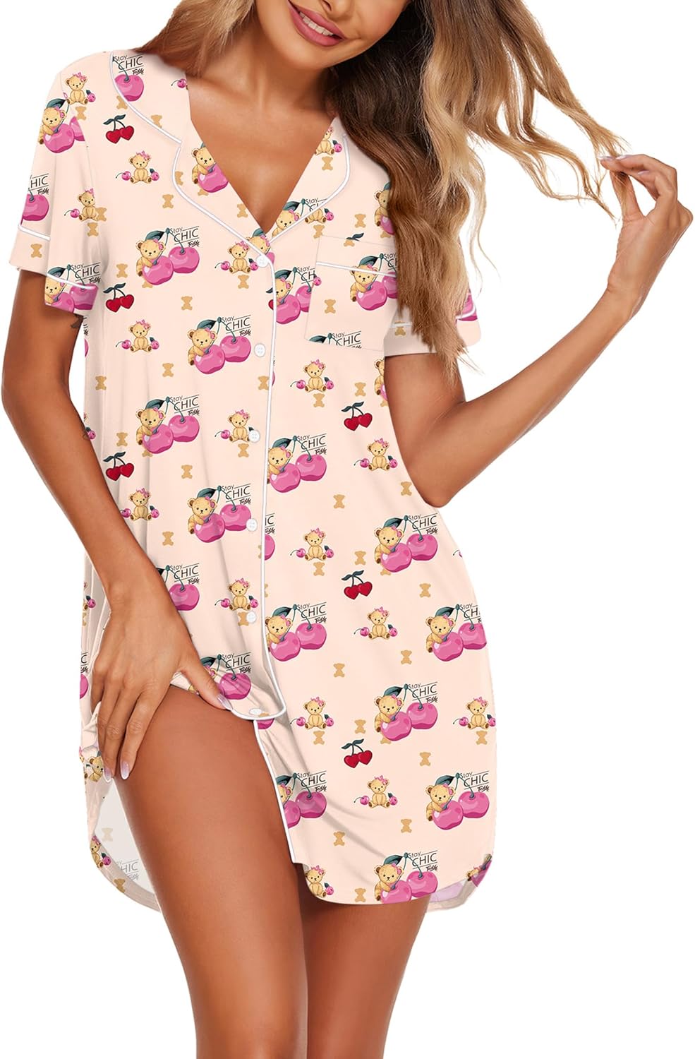 Ekouaer Nightgowns for Women Button Down Sleepshirt Short Sleeve Nightshirt Boyfriend Pajamas V Neck Nightdress S-XXXL-81