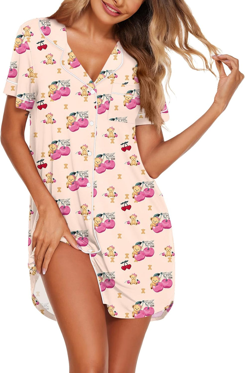 Ekouaer Nightgowns for Women Button Down Sleepshirt Short Sleeve Nightshirt Boyfriend Pajamas V Neck Nightdress S-XXXL-81