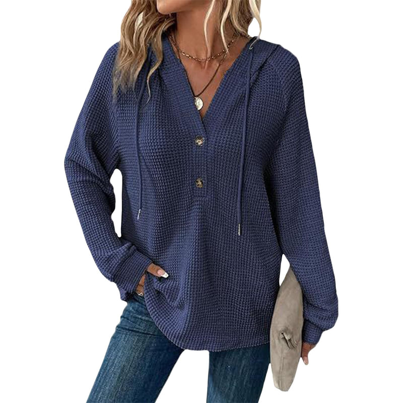 Hoodies for Women Comfortable Waffle Knit Long Sleeve Drawstring Button V Neck Casual Pullover Sweatshirt Hooded Tops-4