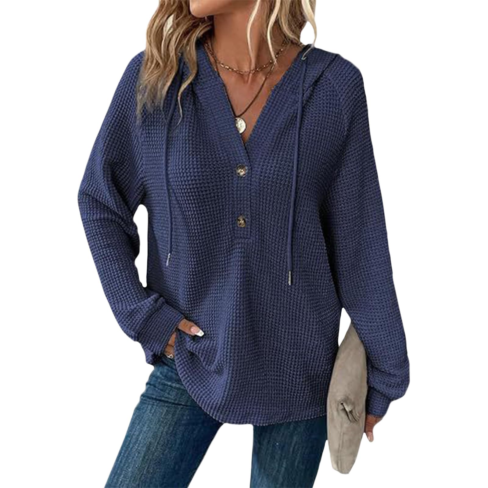 Hoodies for Women Comfortable Waffle Knit Long Sleeve Drawstring Button V Neck Casual Pullover Sweatshirt Hooded Tops-36