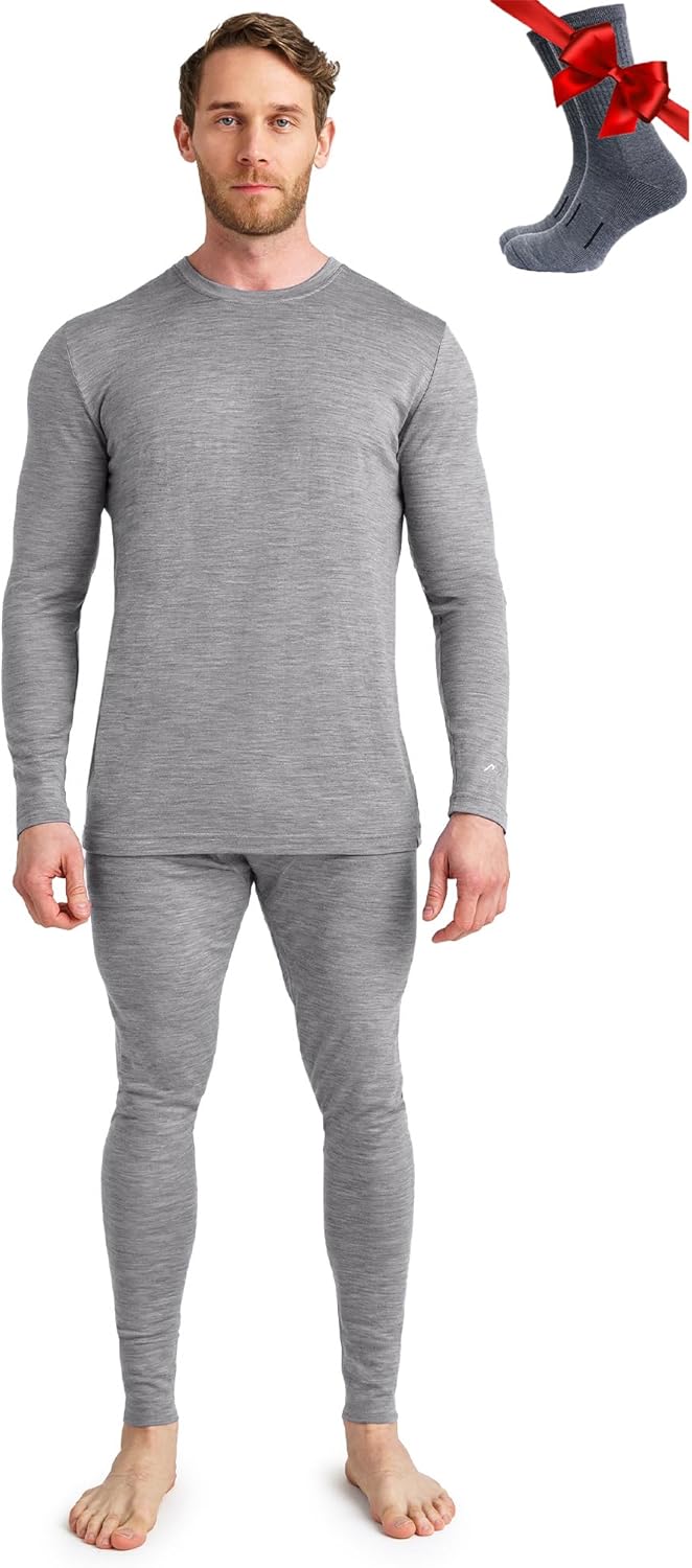Merino.tech Merino Wool Base Layer Mens Set - Heavyweight, Midweight, Lite Merino Wool Thermal Underwear For Men Top, Bottom-99