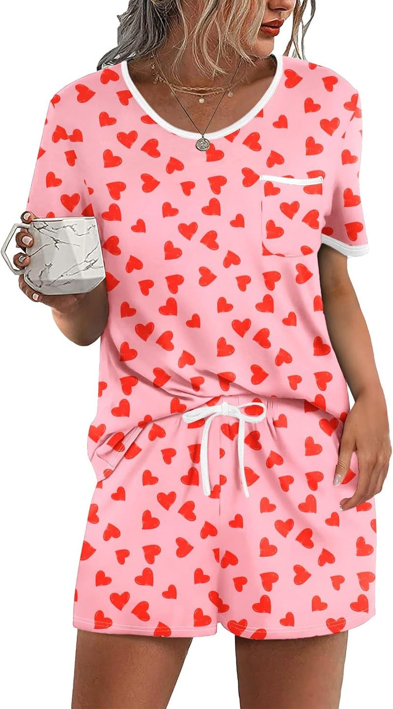 Ekouaer Pajama Set for Women 2 Piece Lounge Set Short Sleeve Tops and Shorts Soft Sleepwear, Chest Pocket-45
