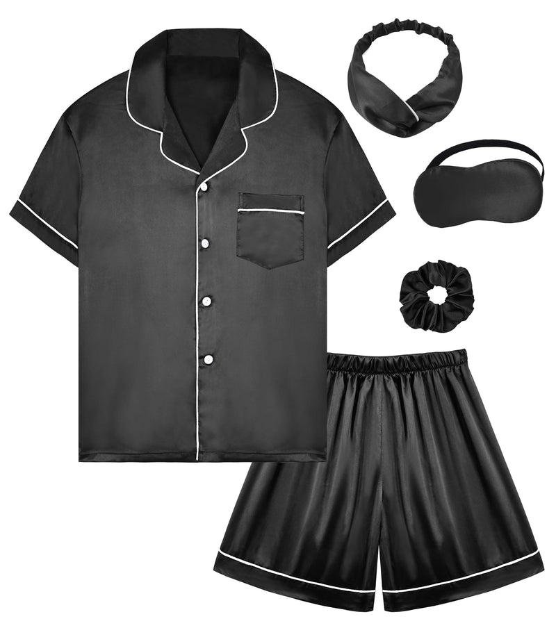EPLAZA Kids Satin Pajamas Sets Girls Boys Button-Down Silky Pajamas Sleepwear with Hairband Eye Mask Hair Tie