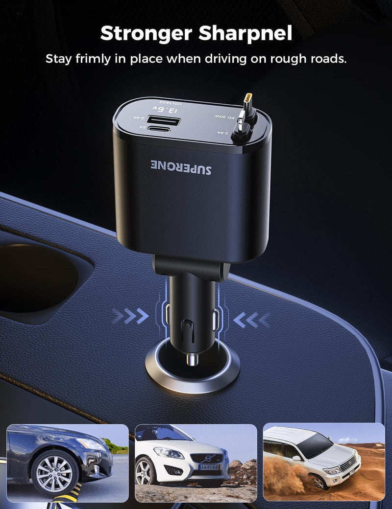[Upgraded] SUPERONE Retractable Car Charger 4 in 1, Fast Car Phone Charger with Cord 2.6ft, USB C and Apple Car Adapter, Compatible with iPhone 17 16 15/15 Pro Max/14/13/12/11, Galaxy, Pixel