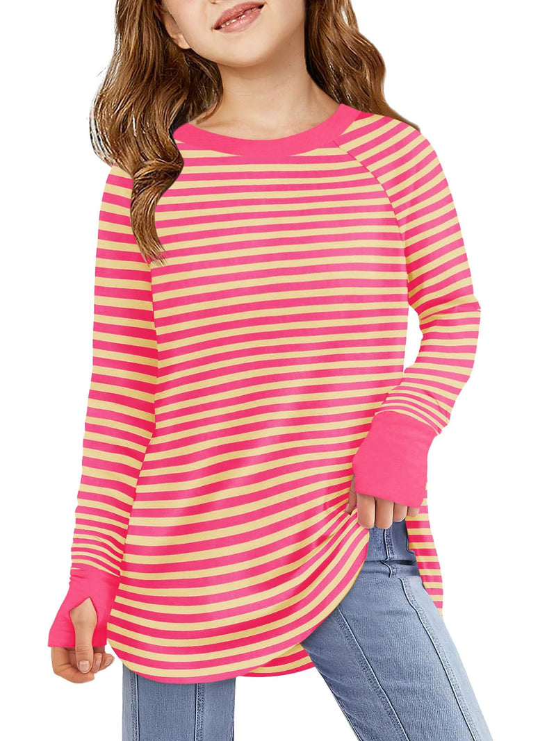 Haloumoning Girls Striped Thumb Hole Long Sleeve Shirts Kids Crewneck Tunic Tops Curved Hem Tees 5-14 Years