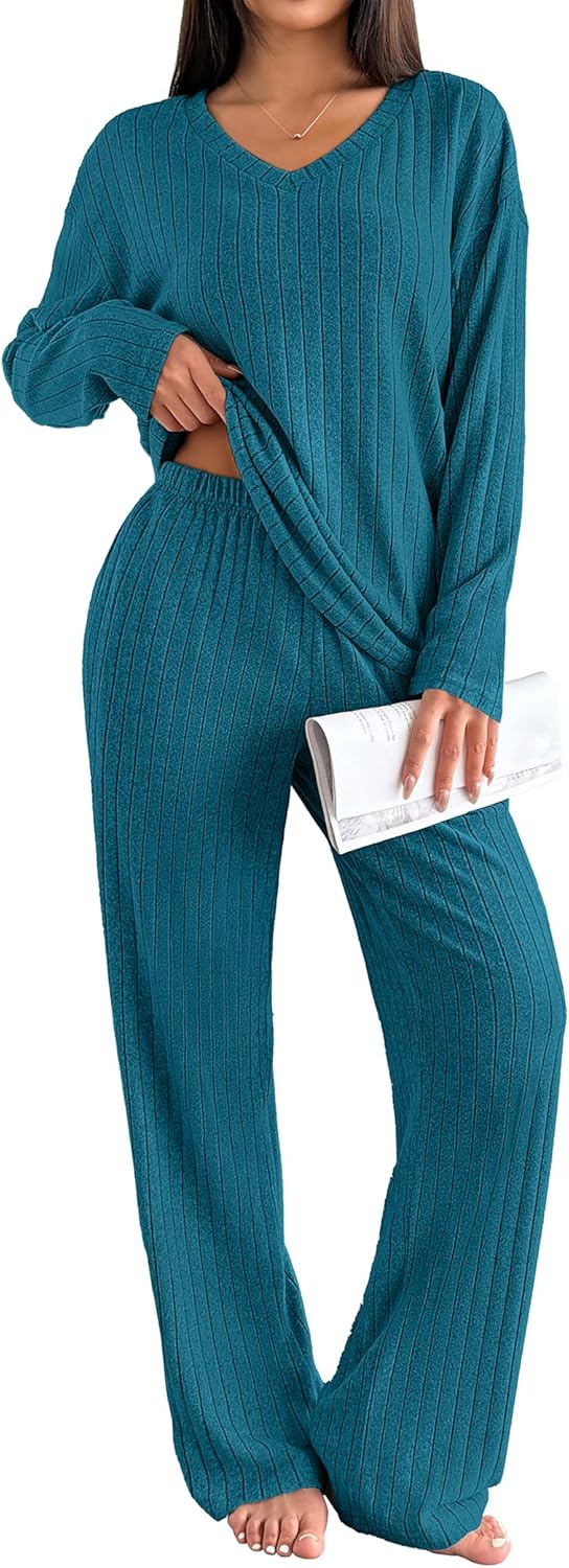 Ekouaer Lounge Sets for Women Long Sleeve Knit Ribbed Pajama Sets 2 Piece Casual Loungewear with Pockets-52