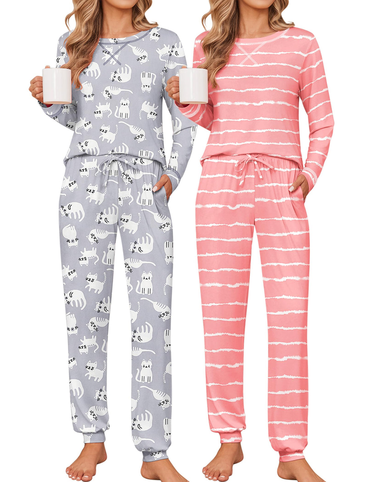 Ekouaer 2 Pack Pajama Sets for Women Long Sleeves Lounge Set Jogger Pants