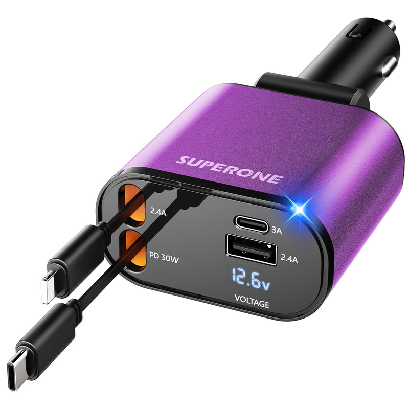 [Upgraded] SUPERONE Retractable Car Charger 4 in 1, Fast Car Phone Charger with Cord 2.6ft, USB C and Apple Car Adapter, Compatible with iPhone 17 16 15/15 Pro Max/14/13/12/11, Galaxy, Pixel