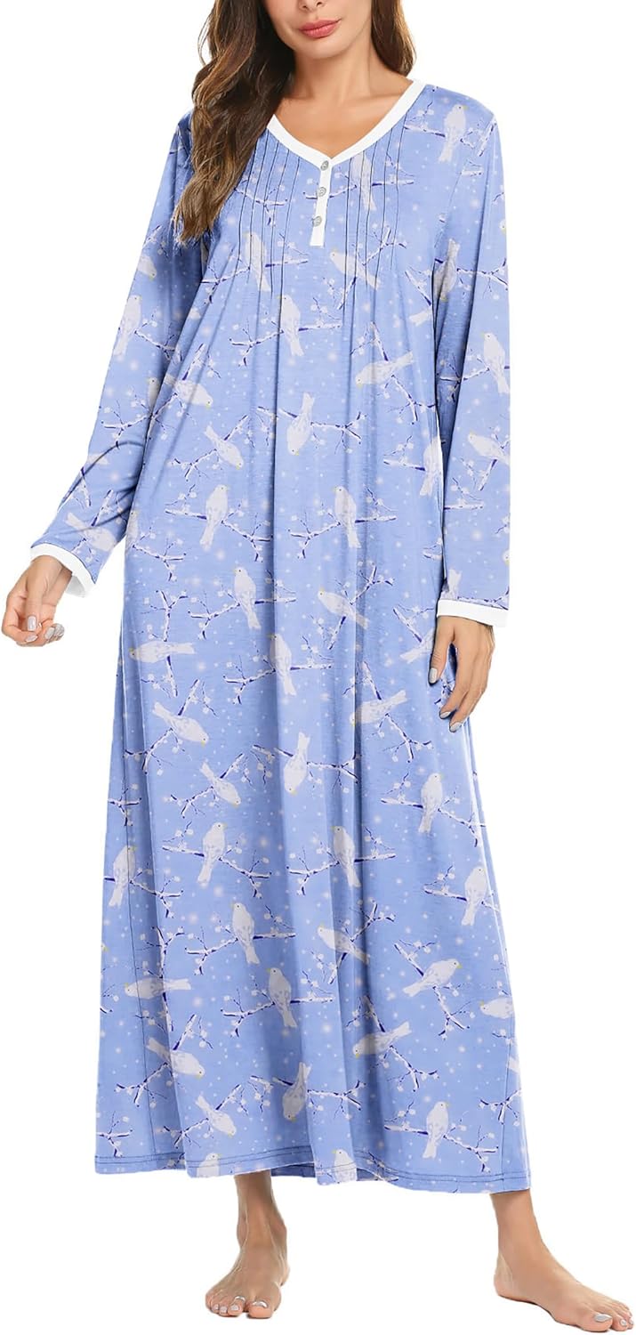 Ekouaer Women's Long Sleeve Nightgown Full Length Sleepwear Long Sleepshirts Henley Sleep Dress S-4XL-10
