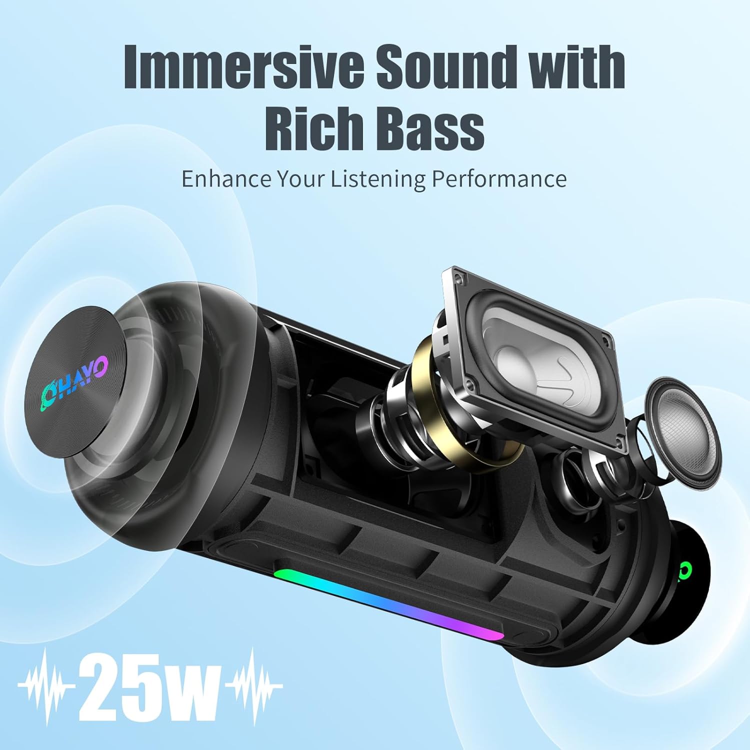 Bluetooth Speakers Wireless Loud Stereo Sound IPX7 Waterproof Outdoor Portable 25W Super Bass Speaker for Home Party Beach with 24H Playtime Colorful Lights BT5.3 TWS Pairing Birthday Gift Black