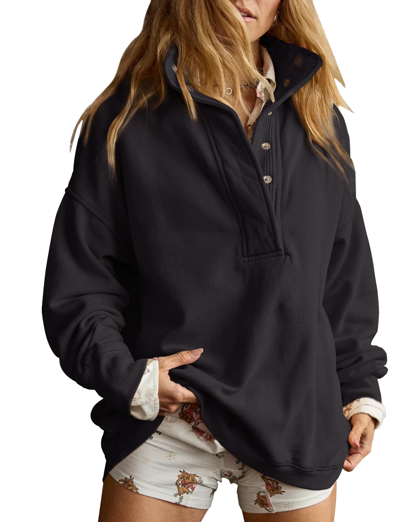 Gacaky Sweatshirt for Women Oversized Casual Long Sleeve Button Henley Neck Pullover Tops Fashion Outfits Clothes-20