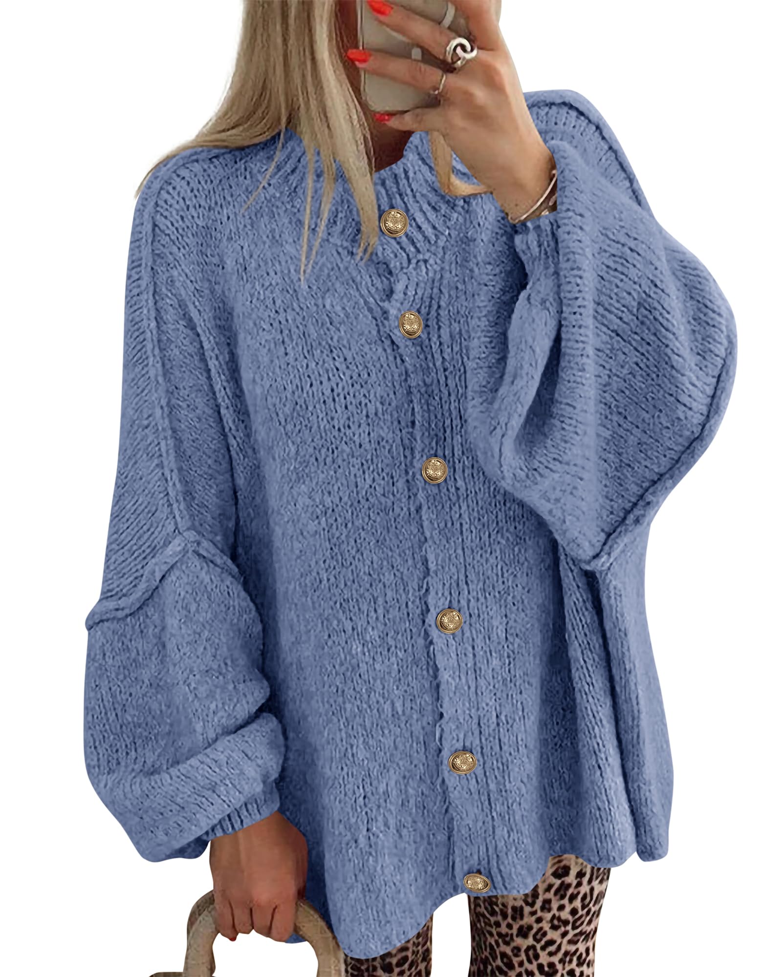 BTFBM Cardigan Sweaters for Women 2026 Fall Clothes Lantern Long Sleeve Button Open Front Chunky Knit Oversized Sweater-23