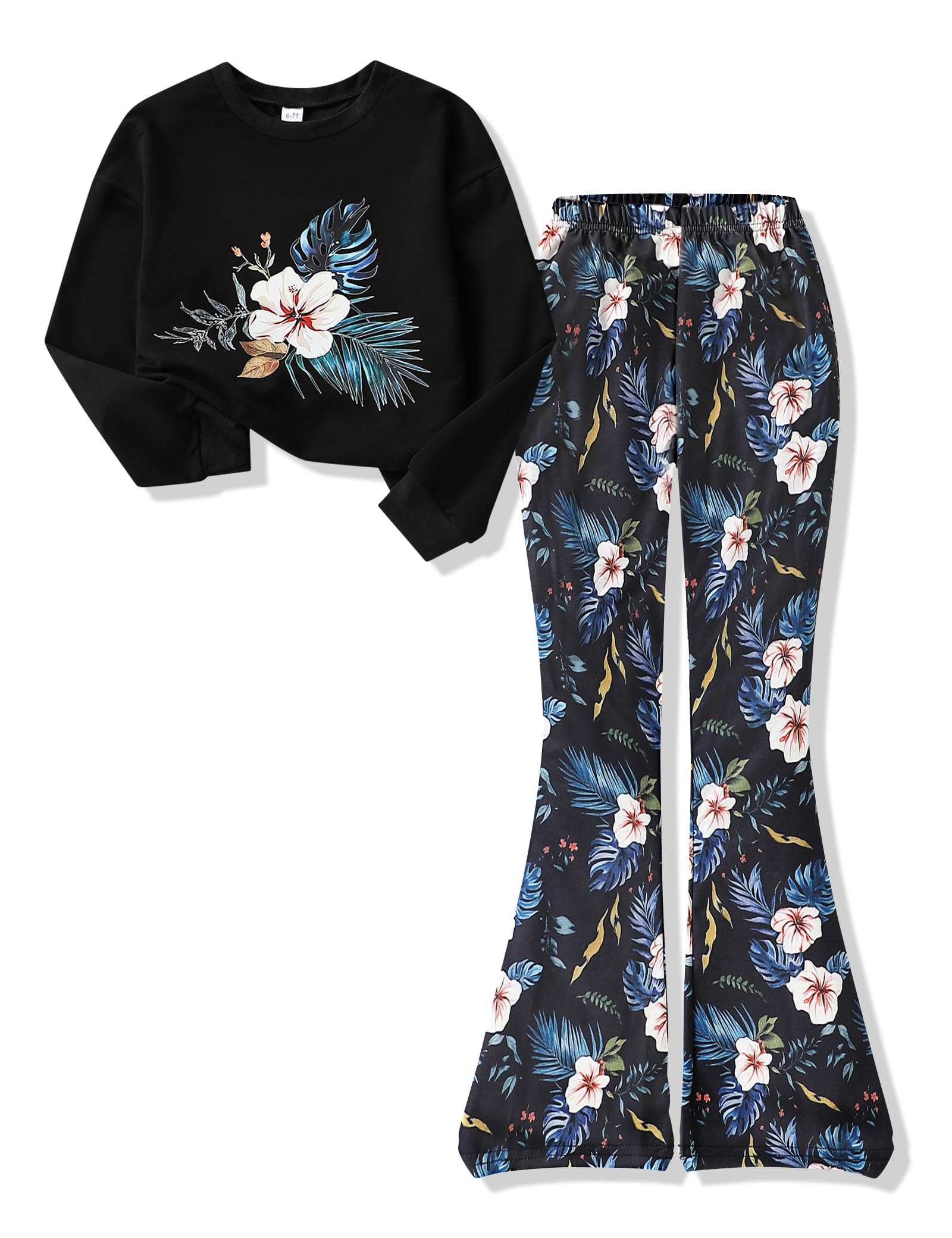 Voxikidio Girls 2 Piece Outfits Long Sleeve Butterfly Sweatshirt & Flared Pants Fall Clothing Set Size 7-12 Years-26