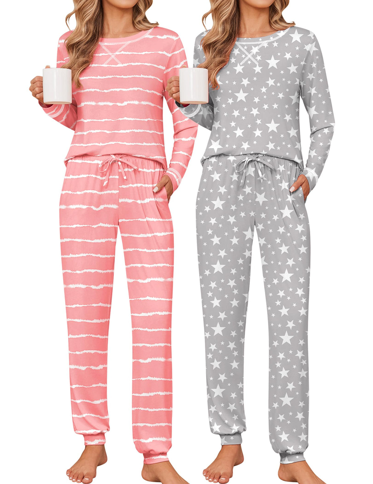 Ekouaer 2 Pack Pajama Sets for Women Long Sleeves Lounge Set Jogger Pants