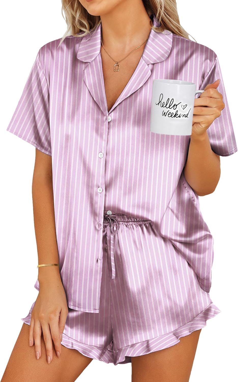 Ekouaer Womens Satin Pajamas Set Button Down 2 Piece Silk Pjs Shorts Set Ruffle Lingerie Notch Collar Sleepwear-73