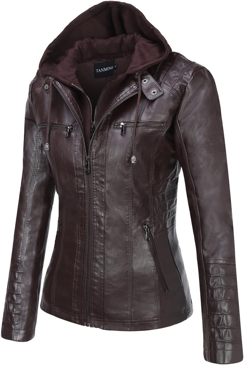Tanming Womens Faux Leather Jacket Hooded Moto Biker Coat Outerwear Fall Fashion Outfits Winter Clothes-95
