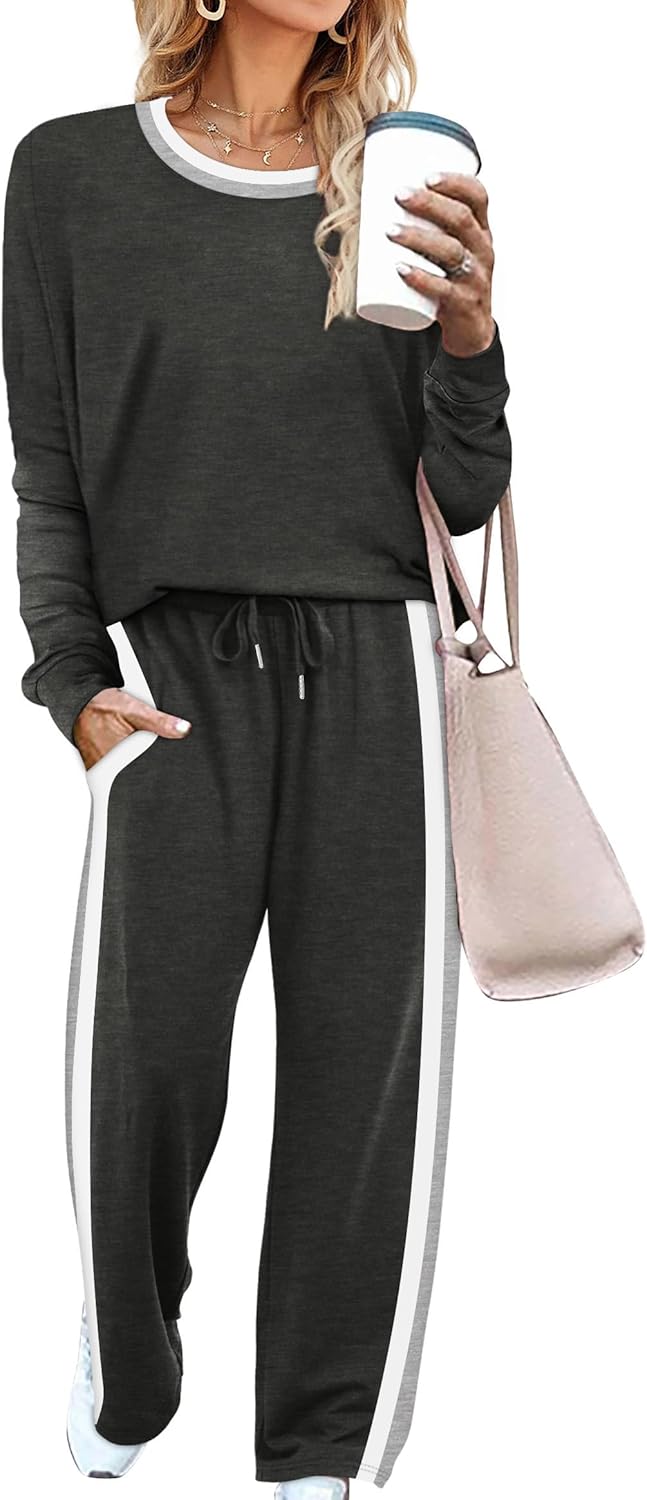 WIHOLL 2 Piece Lounge Sets for Women Long Sleeve Tops Wide Leg Sweatpants Sweatsuits with Pockets-9