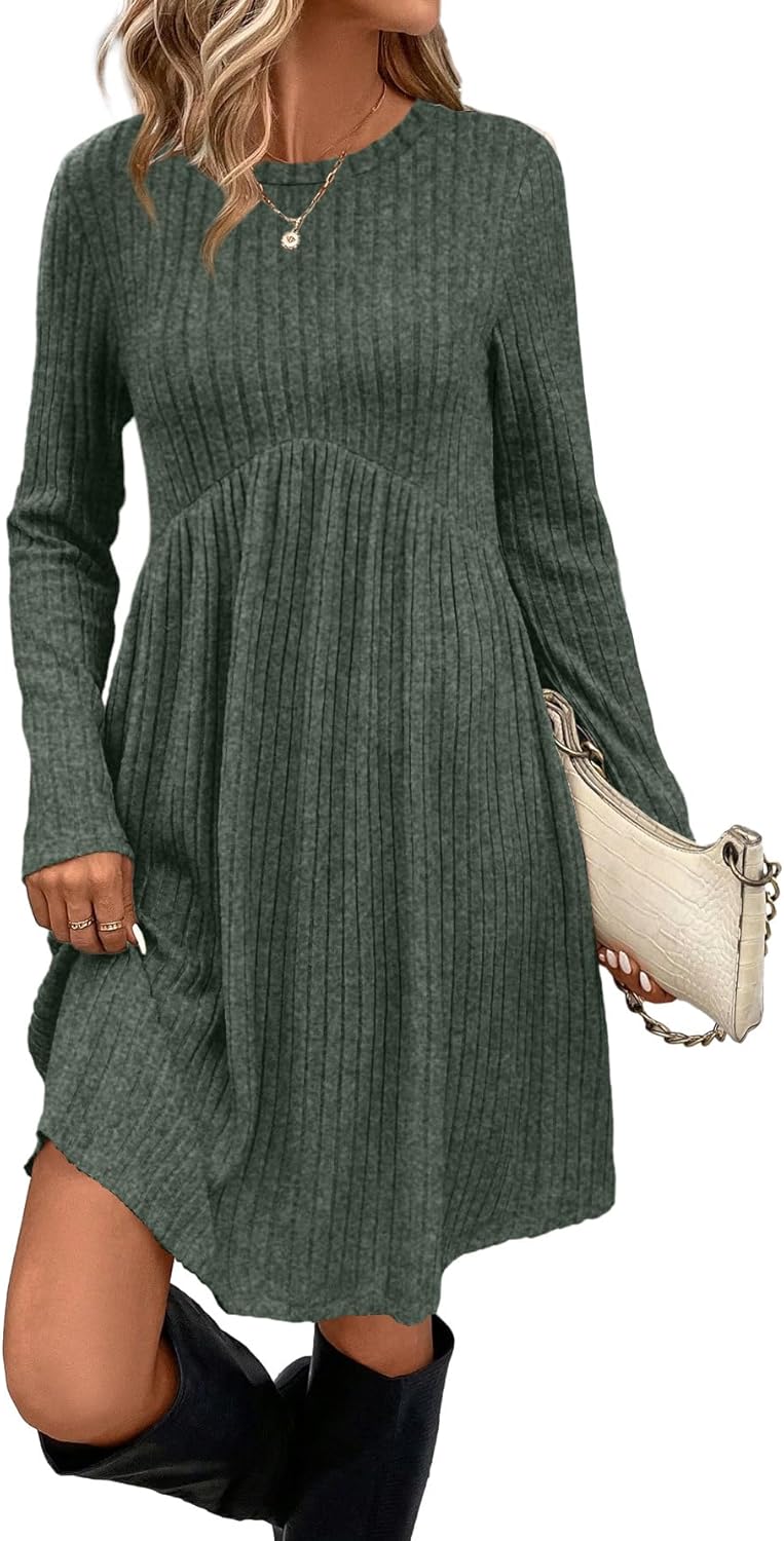 OFEEFAN Long Sleeve Dress for Women Crew Neck Empire Waist Tunic Dress with Pockets-84