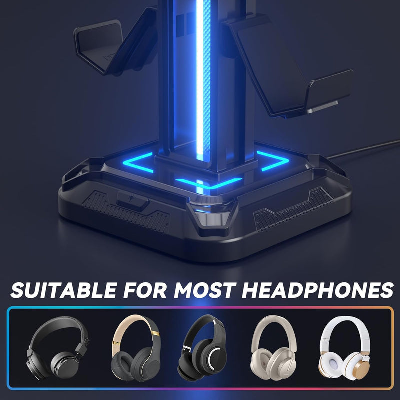 KDD RGB Headset Stand with 9 Light Modes - Controller Holder for Desk - Rotatable Headphone Stand & Detachable Controller Hook for PC Earphone Accessories(Black)