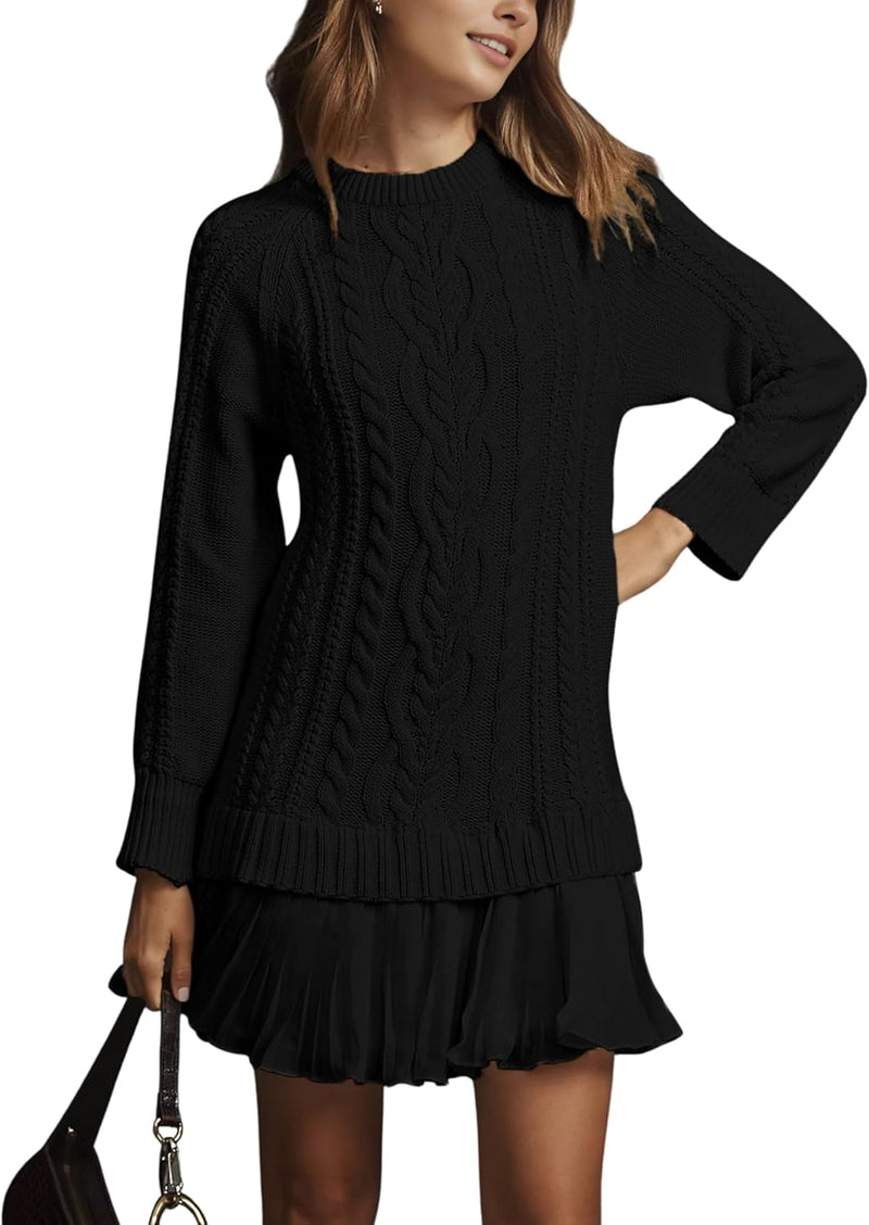 Women Cable Knit Sweater Dress Crewneck Long Sleeve Pleated Mini Dress Twofer Style Patchwork Dress-21