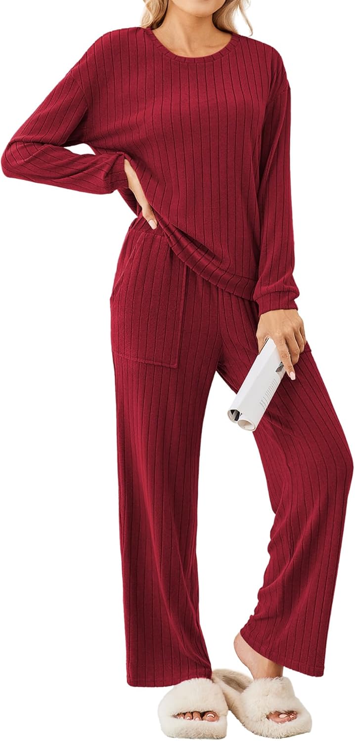 Ekouaer Lounge Sets for Women Ribbed Knit Pajama Sets 2 Piece Long Sleeve Pjs Soft Loungewear Outfits with Pockets-3