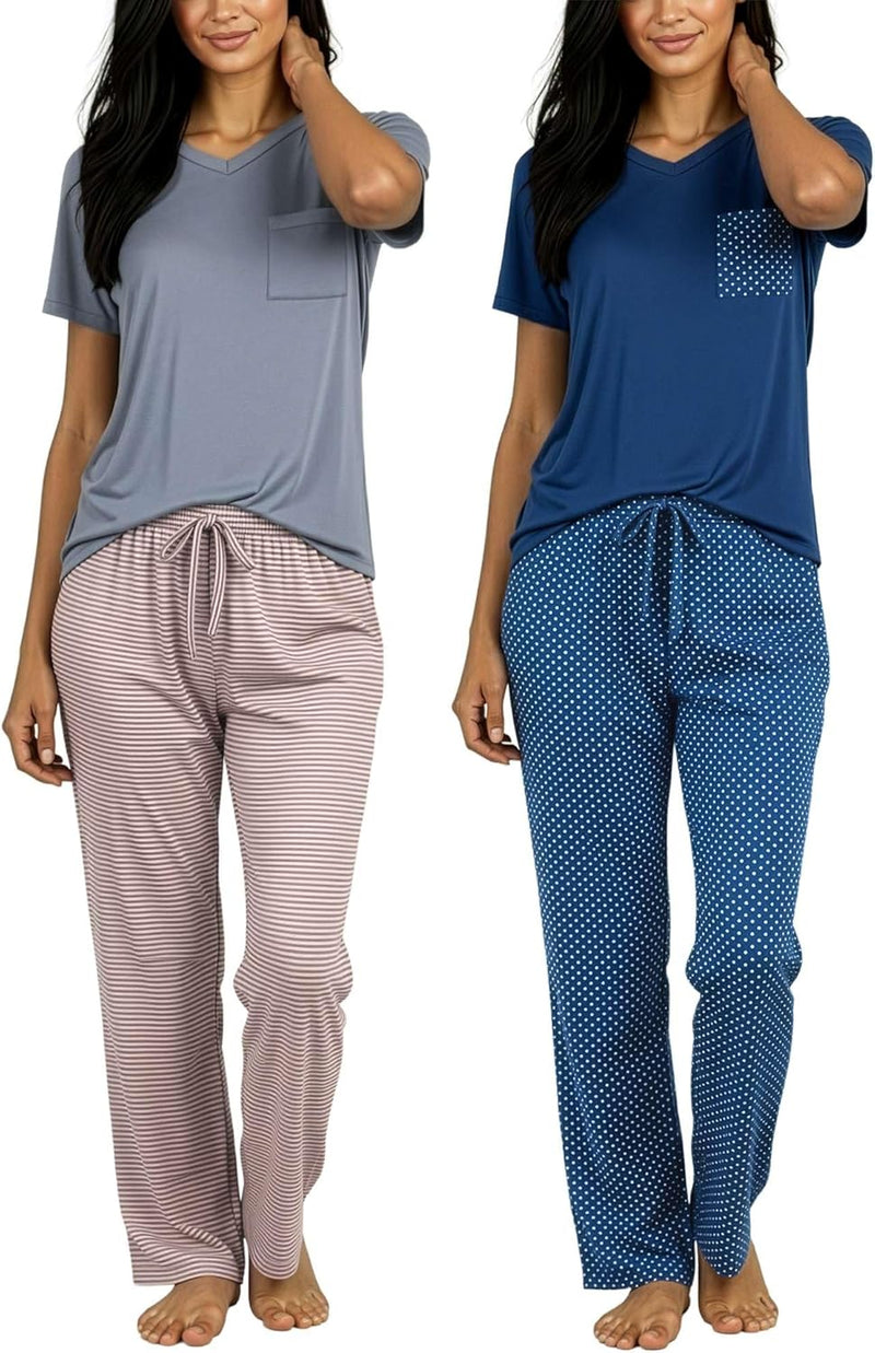 Real Essentials 2 Pack: Women's Comfy Pajama Sets - Short & Long Sleeve Ladies Loungewear Sleepwear PJs (Available In Plus)-73