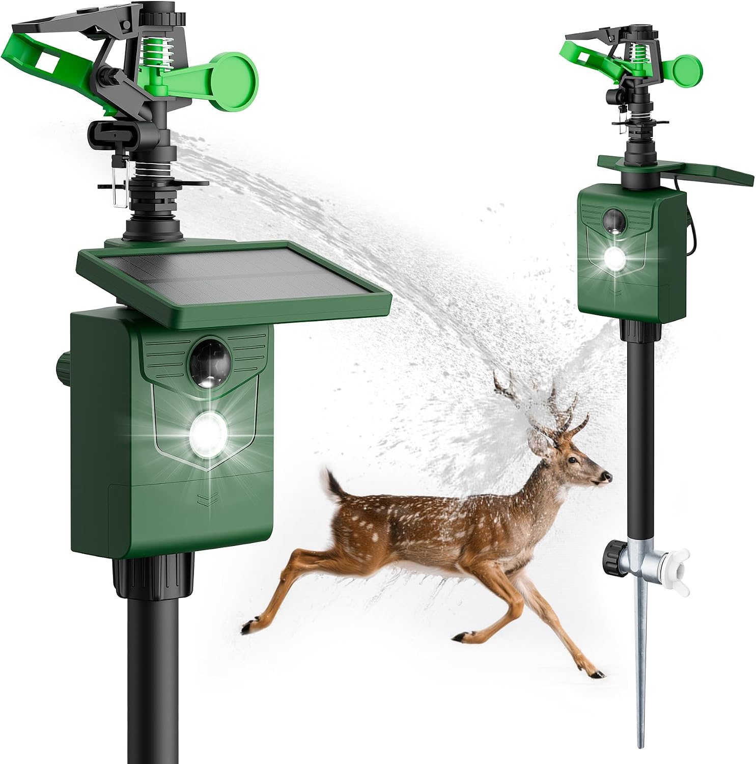 2 Packs Motion Activated Animal Repeller with Water Sprinkler, Deer Repellent Devices Solar Powered, IP65 Waterproof Deer Repellent with Flashing Light, Deter Cats Dogs Skunks Raccoons from Garden