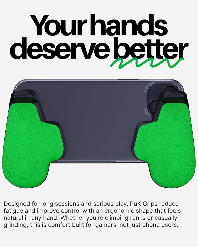 PUK Phone Gaming Grip - Black & Green Ergonomic Mobile Game Handle with Adhesive Pads - Mobile Game Controller Grip to Reduce Hand Fatigue - Android Phone Gaming Accessories