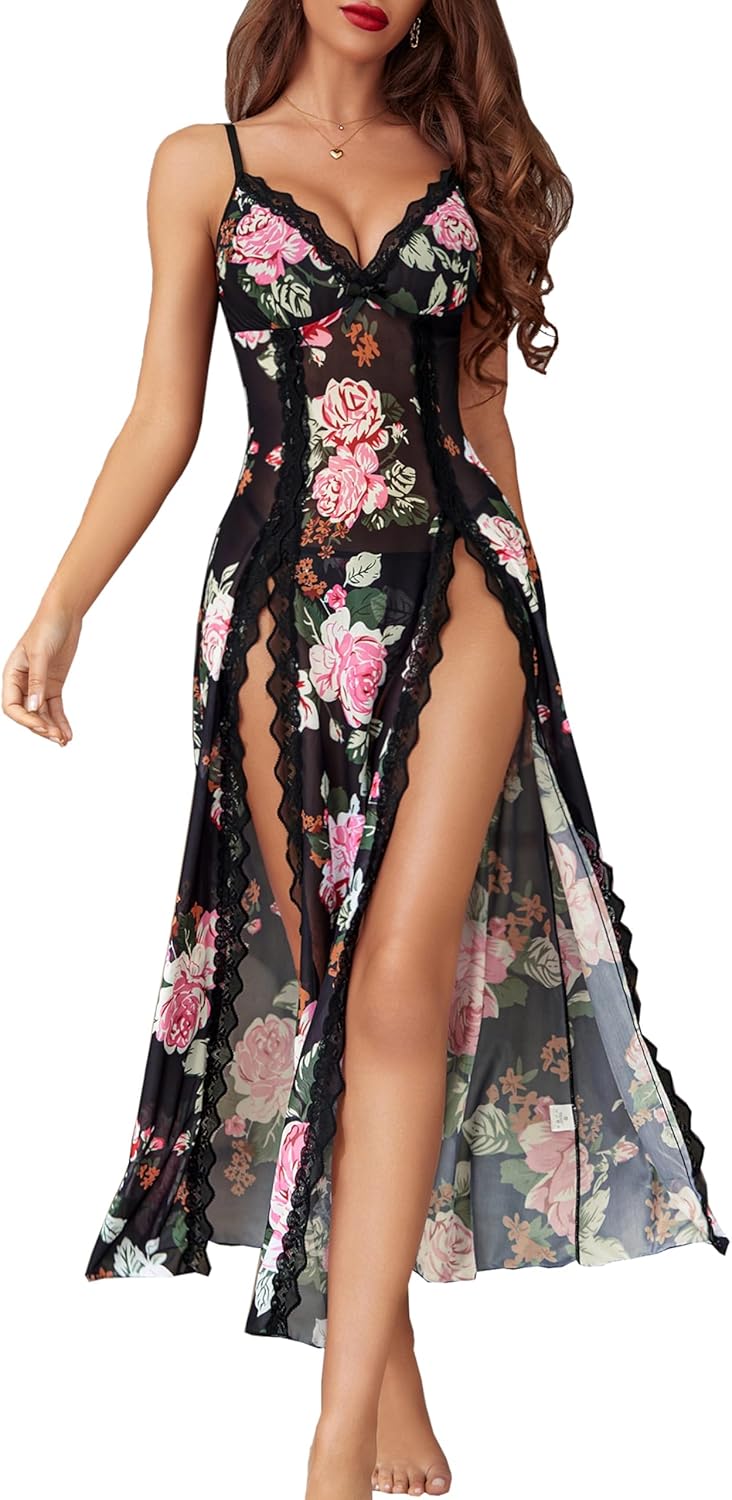 Avidlove Women Lingerie Lace Babydoll Chemise Sexy Mesh Nightdress V Neck Nightwear Side Split Nightgown-30