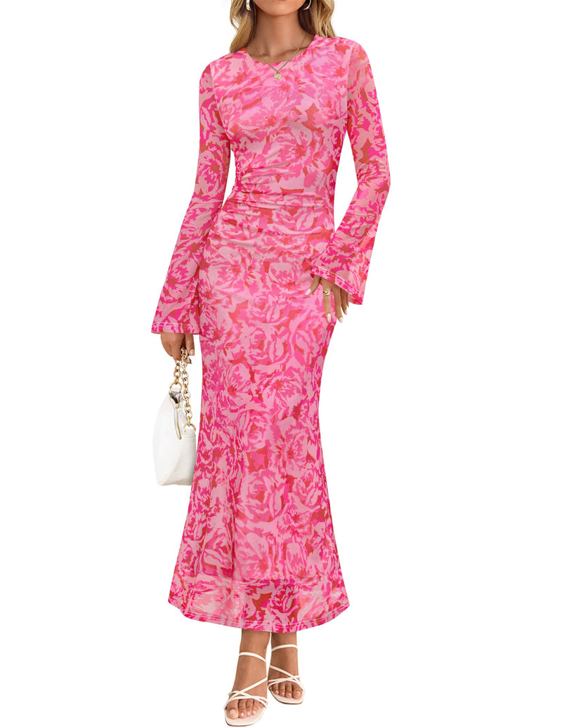 ZESICA Women's Long Sleeve Floral Bodycon Dress 2026 Spring Fall Ruched Mesh Wedding Guest Cocktail Party Maxi Dresses-38