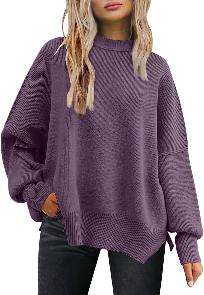 LILLUSORY Women's Oversized Batwing Sweaters 2025 Fall Outfits Trendy Crewneck Knit Side Slit Fashion Pullover Tops-30